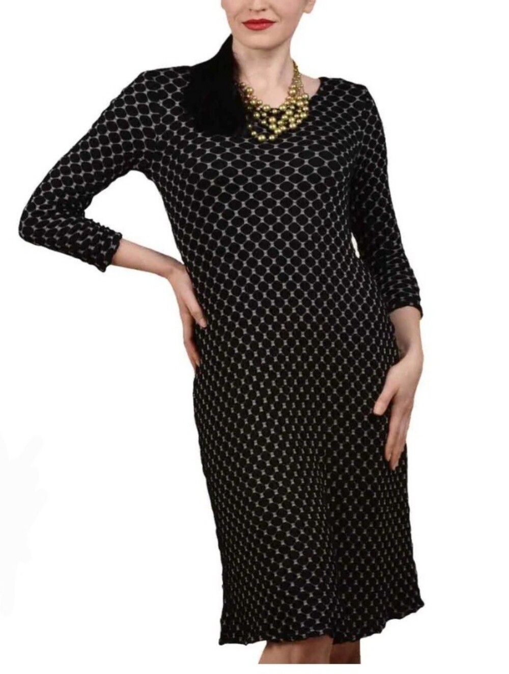 TIANELLO Honeycomb Textured Knit 3/4 sleeve Ballet Dress Sz M Black/Tan